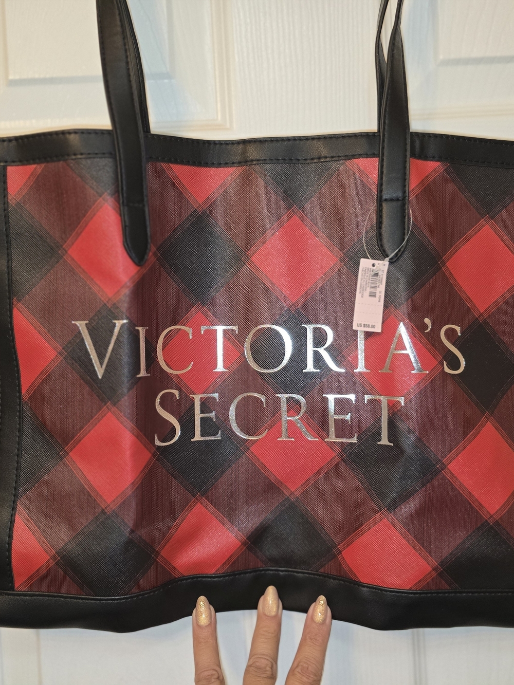 Victoria's Secret Red and Black Plaid Tote with Logo